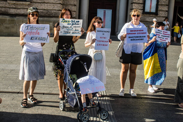 Lviv, Ukraine, August 24, 2024 Public protest against the compulsory conscription of young Ukrainians who are sent to wage war against Russia. People support the law about terms of service.