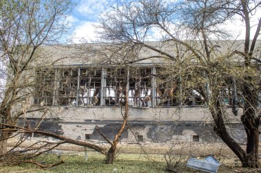 Kharkiv, Ukrayna, 2 Eylül 2024 Rusya 'nın büyük bir spor kompleksine saldırısından sonra. Patlama, cam ve metal parçalarını her yöne uçurdu. Bu da ikincil hasara yol açtı.