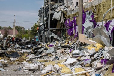 Kharkiv, Ukraine, September 02, 2024 Aftermath of the Russian attack on a shopping mall. The explosion sent glass and metal shards flying in all directions, causing significant secondary damage. clipart