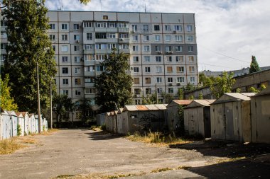 Kharkiv, Ukraine, September 12, 2024 Damaged building in Saltivka, a northern district  of Kharkiv. The suburban area was hit harder by Russian shelling than any other area in the country. clipart