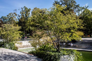 Kharkiv, Ukrayna, 18 Eylül 2024 Shevchenko Bahçesi, yüzyıllık meşe ağaçları, fıskiyeler, çiçek yatakları ve spor malzemeleriyle Harkiv 'in göbeğindeki zarif park. İnsanlar oraya yürümeyi sever..