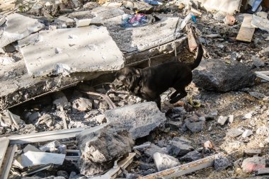 Kharkiv, Ukrayna, 24 Eylül 2024 KAB sınıfı bir savaş başlığıyla donatılmış bir Rus bombardıman uçağı Kharkiv 'deki bir yerleşim yerini kısmen yok etti. Kurtarma ekipleri saldırı mahallinde..