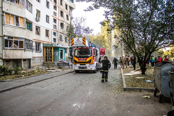 Kharkiv, Ukraine, September 24, 2024 Strike by a Russian bomber equipped with a KAB-class flying warhead partially destroyed a residential building in Kharkiv. Rescuers are at the scene of the attack.