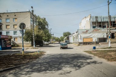 Borova, Ukrayna, 28 Eylül 2024 Borova şehri. Rusya ile savaş sırasında, Borova şehri füzeler tarafından tehdit edildi. Altyapı ve binalar birincil hedeflerdir.