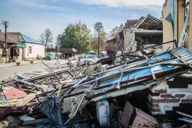 Borova, Ukrayna, 28 Eylül 2024 Borova şehri. Rusya ile savaş sırasında, Borova şehri füzeler tarafından tehdit edildi. Altyapı ve binalar birincil hedeflerdir.