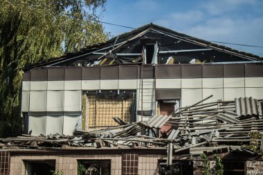 Borova, Ukrayna, 28 Eylül 2024 Borova şehri. Rusya ile savaş sırasında, Borova şehri füzeler tarafından tehdit edildi. Altyapı ve binalar birincil hedeflerdir.