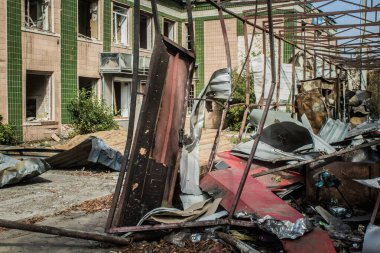 Borova, Ukrayna, 28 Eylül 2024 Borova şehri. Rusya ile savaş sırasında, Borova şehri füzeler tarafından tehdit edildi. Altyapı ve binalar birincil hedeflerdir.
