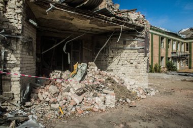 Borova, Ukrayna, 28 Eylül 2024 Borova şehri. Rusya ile savaş sırasında, Borova şehri füzeler tarafından tehdit edildi. Altyapı ve binalar birincil hedeflerdir.