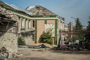 Borova, Ukrayna, 28 Eylül 2024 Borova şehri. Rusya ile savaş sırasında, Borova şehri füzeler tarafından tehdit edildi. Altyapı ve binalar birincil hedeflerdir.