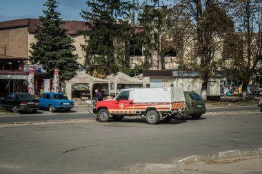 Borova, Ukrayna, 28 Eylül 2024 Borova şehri. Rusya ile savaş sırasında, Borova şehri füzeler tarafından tehdit edildi. Altyapı ve binalar birincil hedeflerdir.