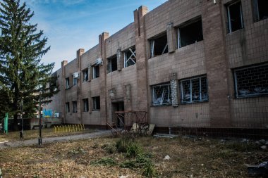 Borova, Ukrayna, 28 Eylül 2024 Borova şehri. Rusya ile savaş sırasında, Borova şehri füzeler tarafından tehdit edildi. Altyapı ve binalar birincil hedeflerdir.