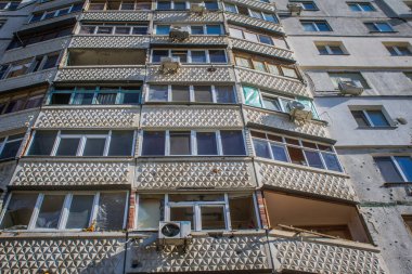 Kharkiv, Ukraine, September 28, 2024 Damaged building in Saltivka, a northern district  of Kharkiv. The suburban area was hit harder by Russian shelling than any other area in the country. clipart