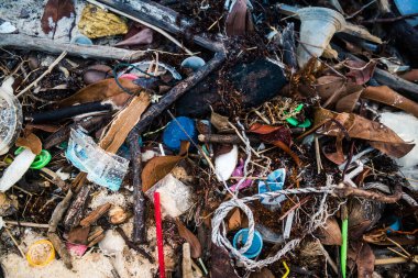 Koh Rong, Kamboçya, 22 Ocak 2025 Çöp ve plastik atık denize dökülüyor ve Kamboçya 'daki Koh Rong' un beyaz kumsallarına dökülüyor. Plastik kirliliği gezegenin her yerinde bulunur..