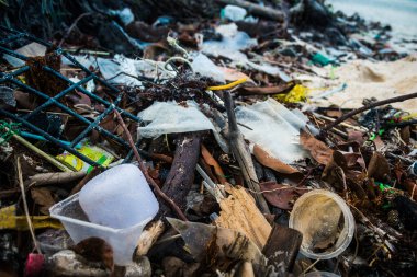 Koh Rong, Kamboçya, 22 Ocak 2025 Çöp ve plastik atık denize dökülüyor ve Kamboçya 'daki Koh Rong' un beyaz kumsallarına dökülüyor. Plastik kirliliği gezegenin her yerinde bulunur..