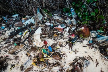 Koh Rong, Kamboçya, 22 Ocak 2025 Çöp ve plastik atık denize dökülüyor ve Kamboçya 'daki Koh Rong' un beyaz kumsallarına dökülüyor. Plastik kirliliği gezegenin her yerinde bulunur..