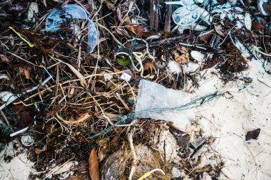 Koh Rong, Kamboçya, 22 Ocak 2025 Çöp ve plastik atık denize dökülüyor ve Kamboçya 'daki Koh Rong' un beyaz kumsallarına dökülüyor. Plastik kirliliği gezegenin her yerinde bulunur..