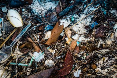 Koh Rong, Kamboçya, 22 Ocak 2025 Çöp ve plastik atık denize dökülüyor ve Kamboçya 'daki Koh Rong' un beyaz kumsallarına dökülüyor. Plastik kirliliği gezegenin her yerinde bulunur..