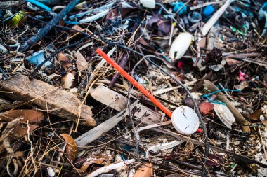 Koh Rong, Kamboçya, 22 Ocak 2025 Çöp ve plastik atık denize dökülüyor ve Kamboçya 'daki Koh Rong' un beyaz kumsallarına dökülüyor. Plastik kirliliği gezegenin her yerinde bulunur..