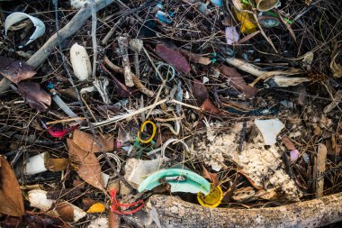 Koh Rong, Kamboçya, 22 Ocak 2025 Çöp ve plastik atık denize dökülüyor ve Kamboçya 'daki Koh Rong' un beyaz kumsallarına dökülüyor. Plastik kirliliği gezegenin her yerinde bulunur..