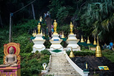 Krabi, Tayland, 15 Ocak 2025 Wat Tham Suea, Krabi 'de bulunan bir Budist tapınağı. Budizm, Tayland 'da yaygın bir dindir. Devlet Budizmi destekliyor ve dini özgürlüğü garanti ediyor.