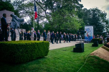 Reims, Fransa, 7 Mayıs 2025 Savaş Anıtı 'nda Özgürlük' ün 80. yıldönümü, Alman silahlı kuvvetlerinin teslim olması ve İkinci Dünya Savaşı 'nın sona ermesi anısına düzenlenen törenler..