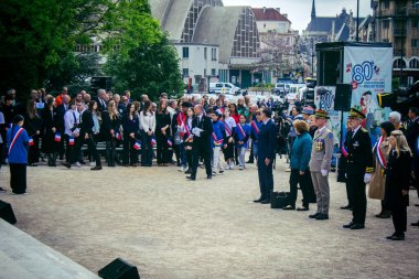 Reims, Fransa, 7 Mayıs 2025 Savaş Anıtı 'nda Özgürlük' ün 80. yıldönümü, Alman silahlı kuvvetlerinin teslim olması ve İkinci Dünya Savaşı 'nın sona ermesi anısına düzenlenen törenler..