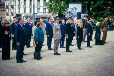 Reims, Fransa, 7 Mayıs 2025 Savaş Anıtı 'nda Özgürlük' ün 80. yıldönümü, Alman silahlı kuvvetlerinin teslim olması ve İkinci Dünya Savaşı 'nın sona ermesi anısına düzenlenen törenler..