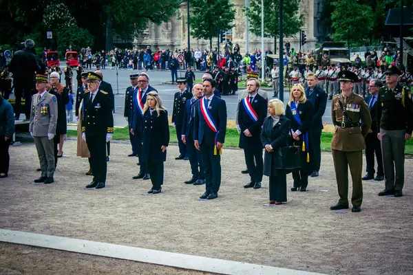 Reims, Fransa, 7 Mayıs 2025 Savaş Anıtı 'nda Özgürlük' ün 80. yıldönümü, Alman silahlı kuvvetlerinin teslim olması ve İkinci Dünya Savaşı 'nın sona ermesi anısına düzenlenen törenler..