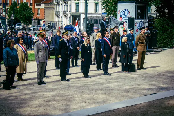 Reims, Fransa, 7 Mayıs 2025 Savaş Anıtı 'nda Özgürlük' ün 80. yıldönümü, Alman silahlı kuvvetlerinin teslim olması ve İkinci Dünya Savaşı 'nın sona ermesi anısına düzenlenen törenler..