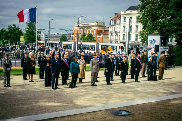 Reims, Fransa, 7 Mayıs 2025 Savaş Anıtı 'nda Özgürlük' ün 80. yıldönümü, Alman silahlı kuvvetlerinin teslim olması ve İkinci Dünya Savaşı 'nın sona ermesi anısına düzenlenen törenler..