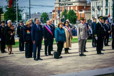Reims, Fransa, 7 Mayıs 2025 Savaş Anıtı 'nda Özgürlük' ün 80. yıldönümü, Alman silahlı kuvvetlerinin teslim olması ve İkinci Dünya Savaşı 'nın sona ermesi anısına düzenlenen törenler..