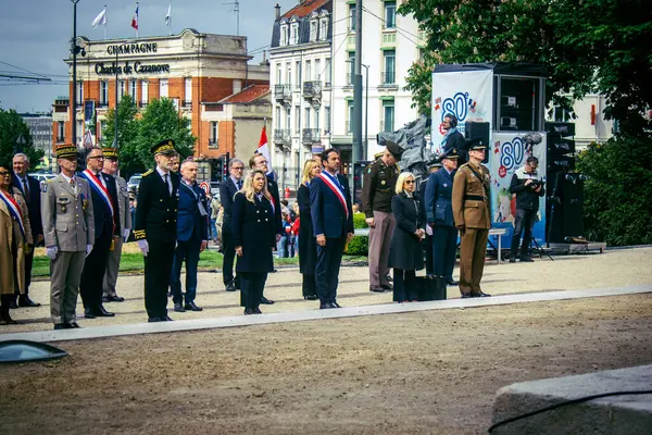 Reims, Fransa, 7 Mayıs 2025 Savaş Anıtı 'nda Özgürlük' ün 80. yıldönümü, Alman silahlı kuvvetlerinin teslim olması ve İkinci Dünya Savaşı 'nın sona ermesi anısına düzenlenen törenler..