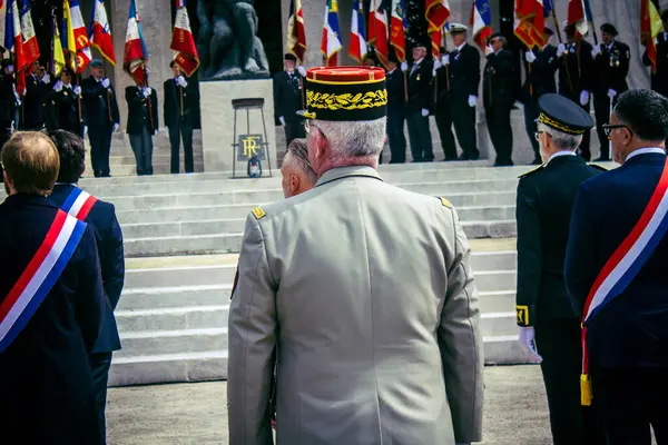 Reims, Fransa, 7 Mayıs 2025 Savaş Anıtı 'nda Özgürlük' ün 80. yıldönümü, Alman silahlı kuvvetlerinin teslim olması ve İkinci Dünya Savaşı 'nın sona ermesi anısına düzenlenen törenler..