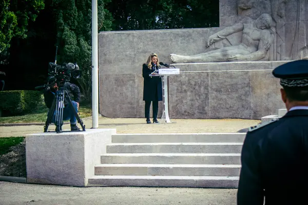 Reims, Fransa, 7 Mayıs 2025 Savaş Anıtı 'nda Özgürlük' ün 80. yıldönümü, Alman silahlı kuvvetlerinin teslim olması ve İkinci Dünya Savaşı 'nın sona ermesi anısına düzenlenen törenler..