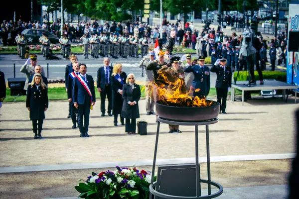 Reims, Fransa, 7 Mayıs 2025 Savaş Anıtı 'nda Özgürlük' ün 80. yıldönümü, Alman silahlı kuvvetlerinin teslim olması ve İkinci Dünya Savaşı 'nın sona ermesi anısına düzenlenen törenler..