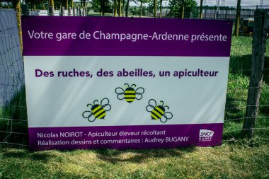 Reims, Fransa, 22 Mayıs 2025 Reims TGV tren istasyonunun bahçesine yerel arı yetiştiricileri yerleştirildi. Arılar polen toplar ve yerel çiçeklerden bal yaparlar..
