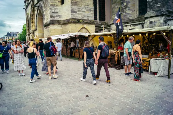 Reims, Fransa, 31 Mayıs 2025 Turistler, Jean d 'Arc önderliğindeki Charles VII' nin taç giyme törenine 17 Temmuz 1429 'da Reims Katedrali' nde katıldılar..