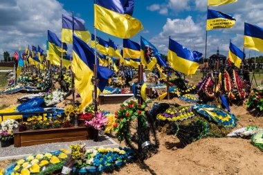 Kharkiv, Ukrayna, 3 Temmuz 2025 Sarı ve mavi bayraklar Kharkiv 'in güneyindeki bir askeri mezarlık olan Aleya Slavy' de dalgalanıyor. Askerlerin gömüldüğü yer burası..