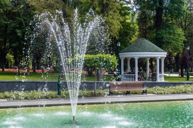 Kharkiv, Ukrayna, 4 Temmuz 2025 Shevchenko Bahçesi, yüzyıllık meşe ağaçları, fıskiyeler, çiçek yatakları ve spor malzemeleriyle Harkiv 'in göbeğindeki zarif park. İnsanlar oraya yürümeyi sever..