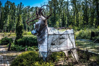 Lisne, Ukrayna, 5 Ağustos 2025 Feldman Ecopark, çocuklar için hayvan bakımı ve terapiyi özel ihtiyaçlarla birleştiren bir peyzaj parkı. Bölge 2022 yılında Rus ordusu tarafından işgal edildi..