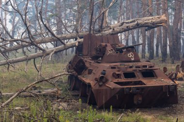 Donbas, Ukrayna, 13 Ağustos 2025 Rus saldırısı sonrası bir Ukrayna uçaksavar silahı bir Rus saldırısı sırasında ateşle yok edildi. Olay yerinde yangın çıktı ve ormanı da sardı..
