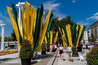 Kharkiv, Ukrayna, 23 Ağustos 2025, Ukrayna Ulusal Bayrak Günü, mavi gökyüzünü ve buğday tarlalarını temsil eden mavi ve sarı bayrak, ülke sembollerini onurlandırmak için kutlandı..