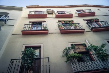 Seville, İspanya, 21 Eylül 2025 Seville şehir merkezindeki tarihi bölgedeki binaların mimarisi ve cephesi.