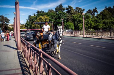 Seville, İspanya, 21 Eylül 2025. Atlı turistler Sevilla şehir merkezinin tarihi bölgesini ziyaret ediyor ve dar, pitoresk caddelerde yürüyor..