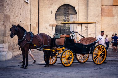 Seville, İspanya, 21 Eylül 2025. Atlı turistler Sevilla şehir merkezinin tarihi bölgesini ziyaret ediyor ve dar, pitoresk caddelerde yürüyor..