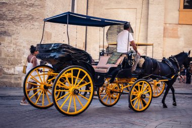 Seville, İspanya, 21 Eylül 2025. Atlı turistler Sevilla şehir merkezinin tarihi bölgesini ziyaret ediyor ve dar, pitoresk caddelerde yürüyor..