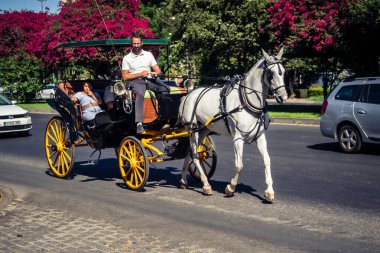 Seville, İspanya, 21 Eylül 2025. Atlı turistler Sevilla şehir merkezinin tarihi bölgesini ziyaret ediyor ve dar, pitoresk caddelerde yürüyor..