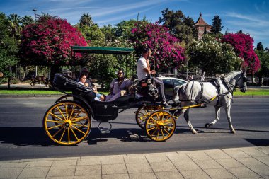 Seville, İspanya, 21 Eylül 2025. Atlı turistler Sevilla şehir merkezinin tarihi bölgesini ziyaret ediyor ve dar, pitoresk caddelerde yürüyor..