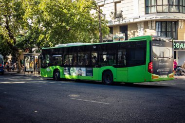 Cordoba, İspanya, 2 Ekim 2025. Otobüs Cordoba 'nın tarihi şehir merkezinde dar ve pitoresk sokaklardan geçiyor. Otobüsler Cordoba 'daki en popüler ulaşım araçlarından biridir..