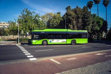 Cordoba, İspanya, 2 Ekim 2025. Otobüs Cordoba 'nın tarihi şehir merkezinde dar ve pitoresk sokaklardan geçiyor. Otobüsler Cordoba 'daki en popüler ulaşım araçlarından biridir..